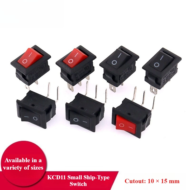 5pcs KCD11 Ship-Type Switch, Small Power Switch, Micro Switch, 2/3-Pin, 3-Position, 10×15 mm, Bent Pins, 3 A, 250 V