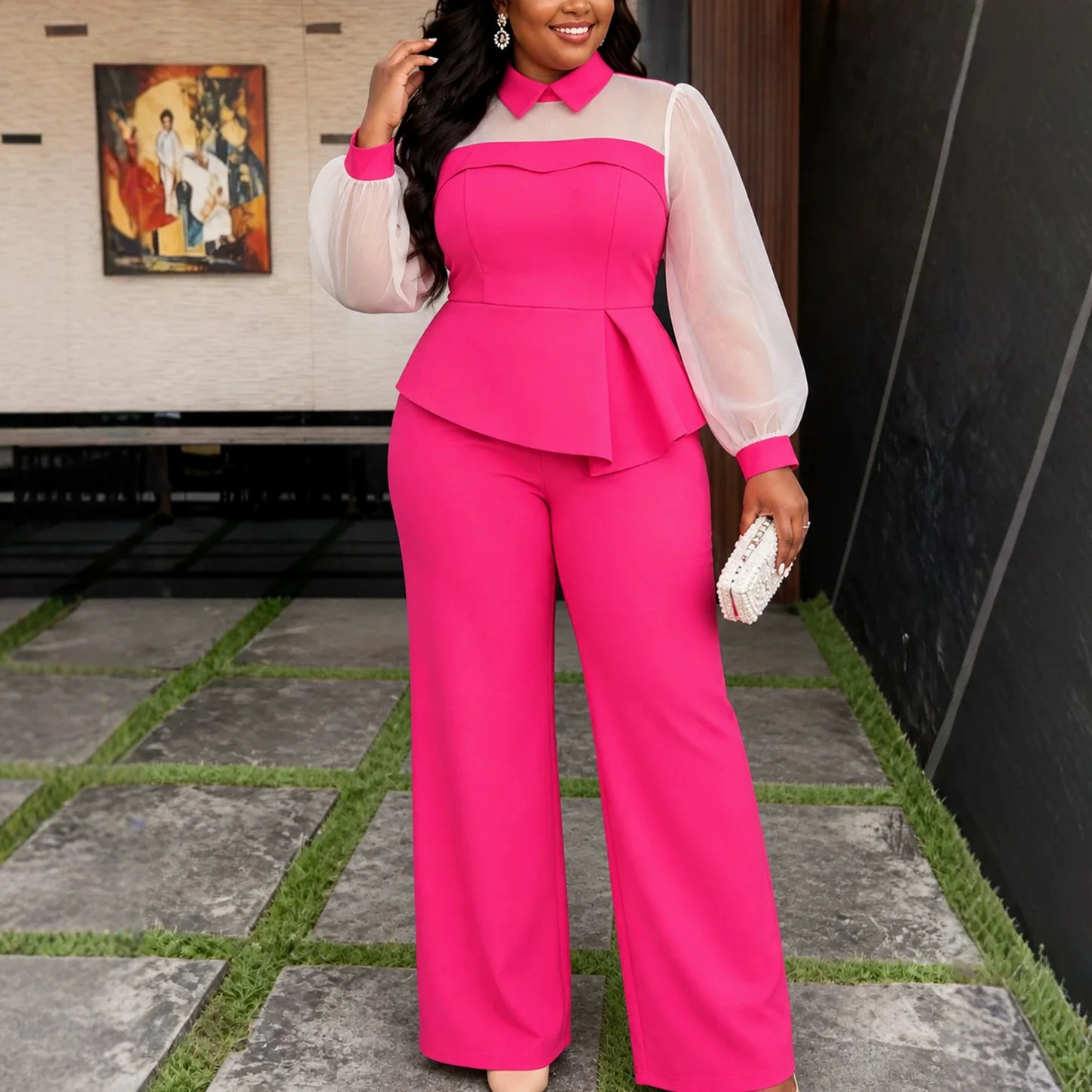 Plus-size Women's Outfit: A Rose-red Set Featuring A Sheer, Puff-sleeved Top With Ruffled Three And High-waisted Wide-leg Luxury