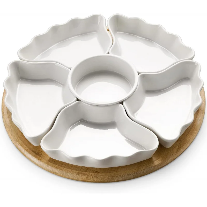 

360° Rotating Divided Serving Tray, 12 Inch - 7-Piece Removable Bowls for Chips, Dip, Fruit & Snacks, White Party Platter