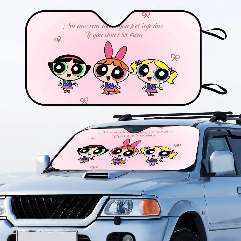 P-Powerpuff-GirlS أنيمي سيارة الشمس الظل نافذة أمامية ظلة لمعظم سيارات السيدان SUV كتل ماكس الأشعة فوق البنفسجية إبقاء سيارتك باردة