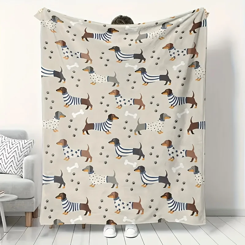 Cute Dachshund Dog Bone Paw Print Flannel Blanket Soft Lightweight Throw Blanket for Sofa Bed Couch All‑Season Cozy Blanket