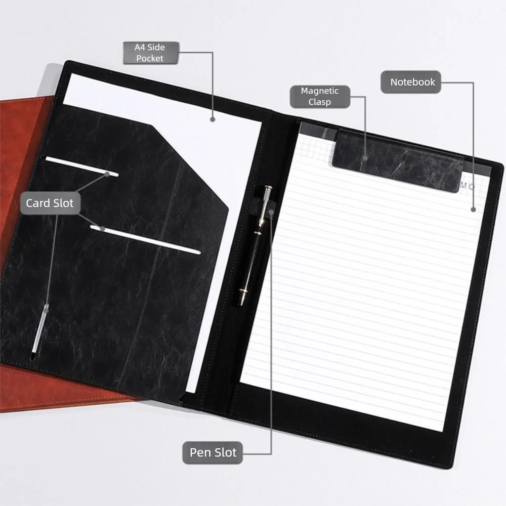 Multifunctional A4 Conference Folder File Storage Vintage Clipboard Leather File Folders with Magnetic Clip Portable