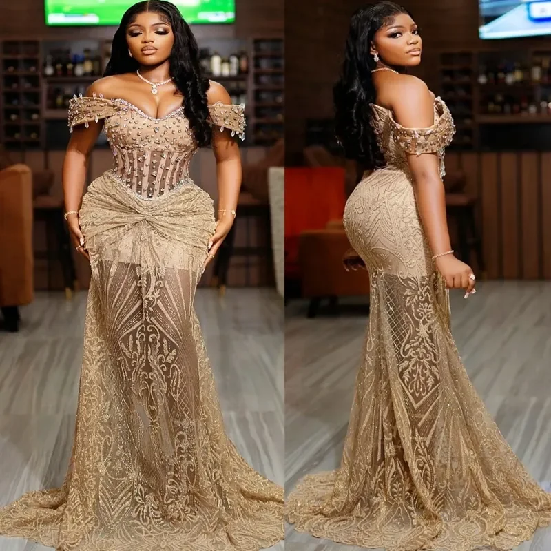 

Luxury Aso Ebi Mermaid Ball Dress Black Female Sexy Off Shoulder Beaded Lace Crystal Birthday Second Reception Dress Customized