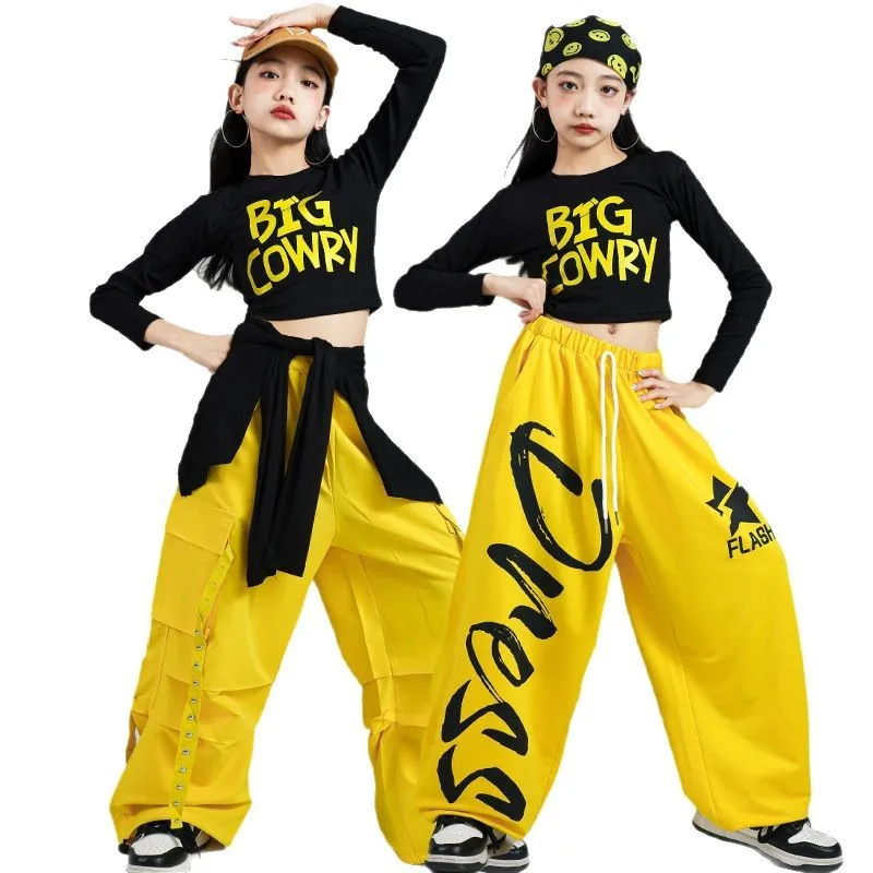 Kids Girls Jazz Dance Clothes Crop Tops Yellow Sweatpants Hip Hop Practice Performance Suit Team Jazz Competition Outfit