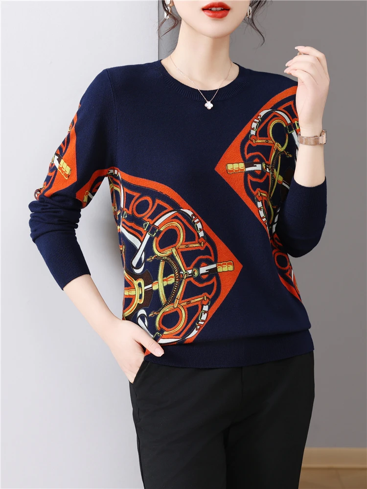 Geometry Print Women\'s Sweaters Spring Autumn Korean Fashion Pullovers Long Sleeve Top Blusas Femme Thin Knitwears Sweater