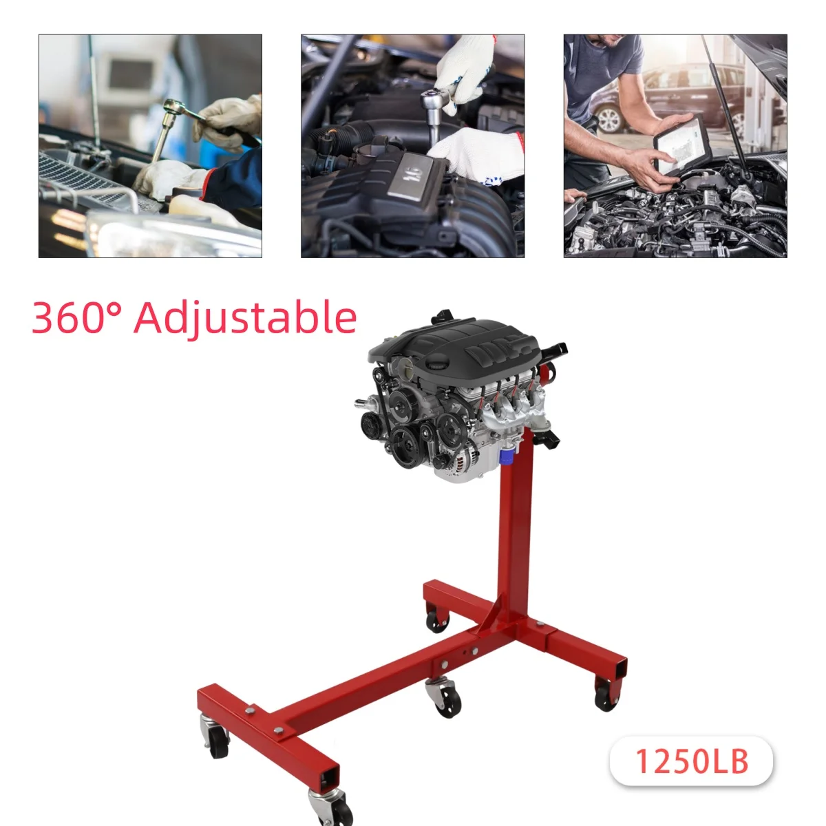 Soporte de motor plegable rojo, cabezal de montaje ajustable de 360 °, 5 ruedas giratorias de rodamiento de bolas, marco de acero cuadrado de alta resistencia, 1250lbs