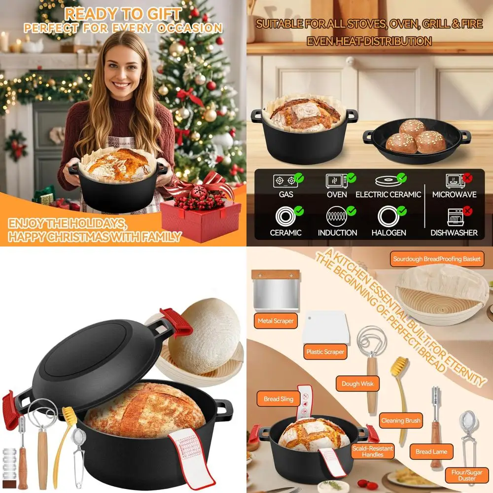 

2-in-1 Cast Iron Dutch Oven with Skillet Lid for Bread Baking and Banneton Proofing Basket, 5 Quart, Sourdough Baking Supplies