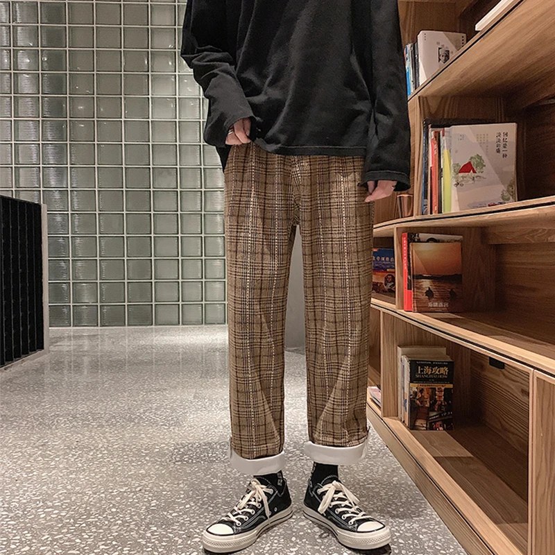 

Casual Pants Men Straight Harajuku Streetwear Korean Style Plaid Ankle-length Students Trousers All-match Retro Curled Pants