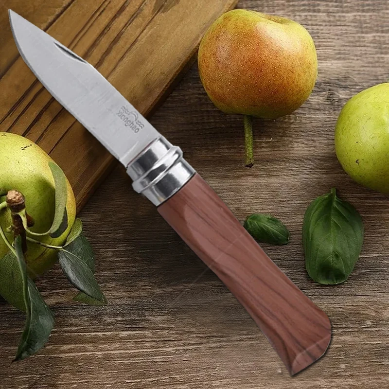 Cuchillo plegable para fruta, mango de madera, cuchillo para pelar frutas, cuchillo de carnicero, cuchillo de Chef, cuchillo de bolsillo de acero inoxidable, accesorios de cocina