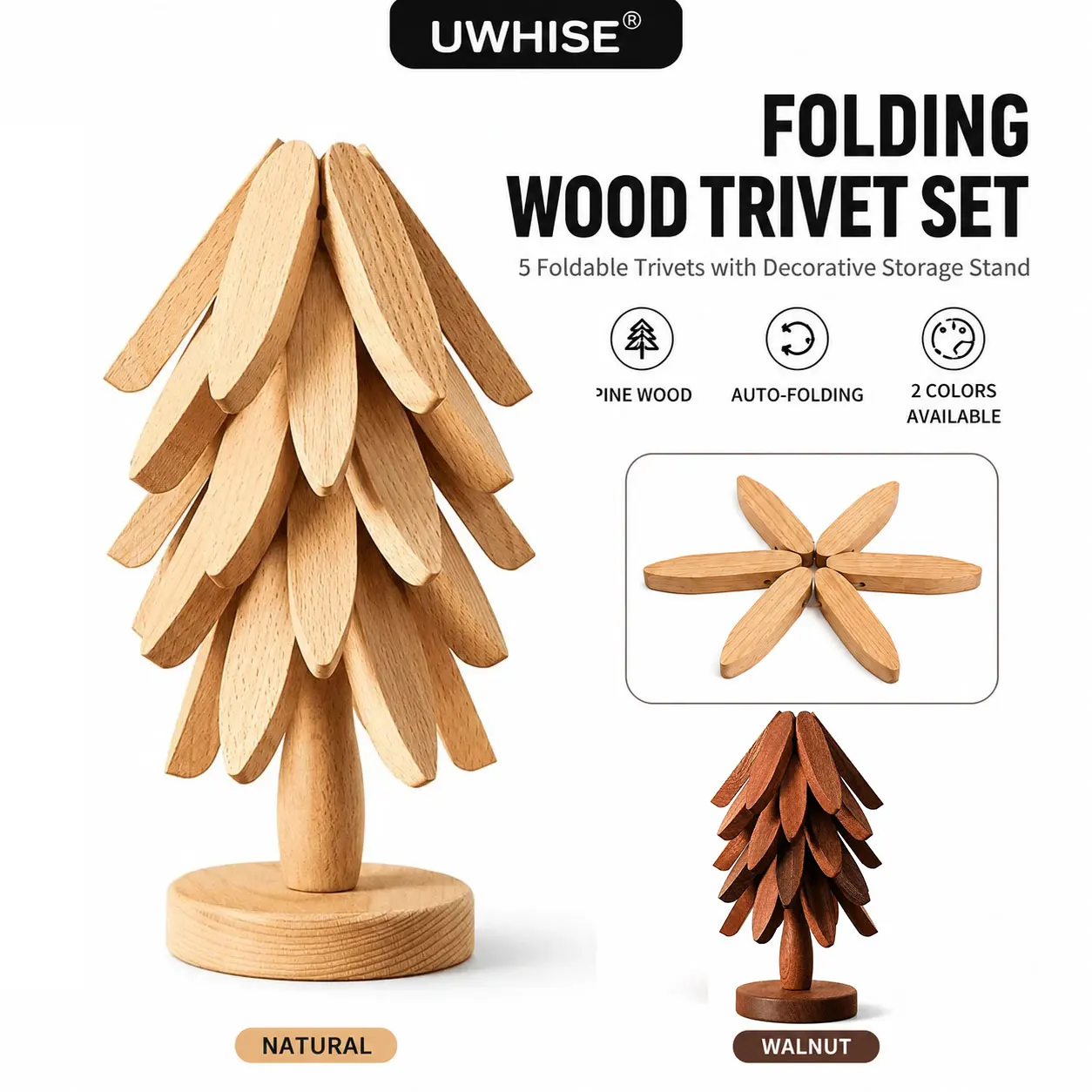 Uwhise 3/5 Pack Wooden Tree Trivet Set Foldable Hot Pot Cup Plates Mat Wood Heat Resistant Table Coasters Decorative Kitchen Pad