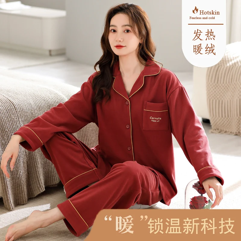 2024 Sleepwear Thin Fleece Pajamas Set Long Button-Down Pyjamas Suit Women Loungewear Plus Size M-2XL Pj Set Cardigan Nightwear