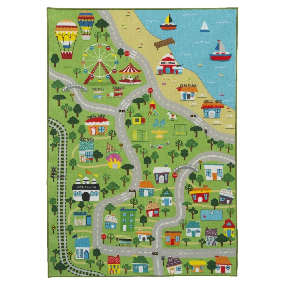 

Kids Extra Large Road Map Activity Rug, 6’6 L x 4’6 W, Beach Town/Green