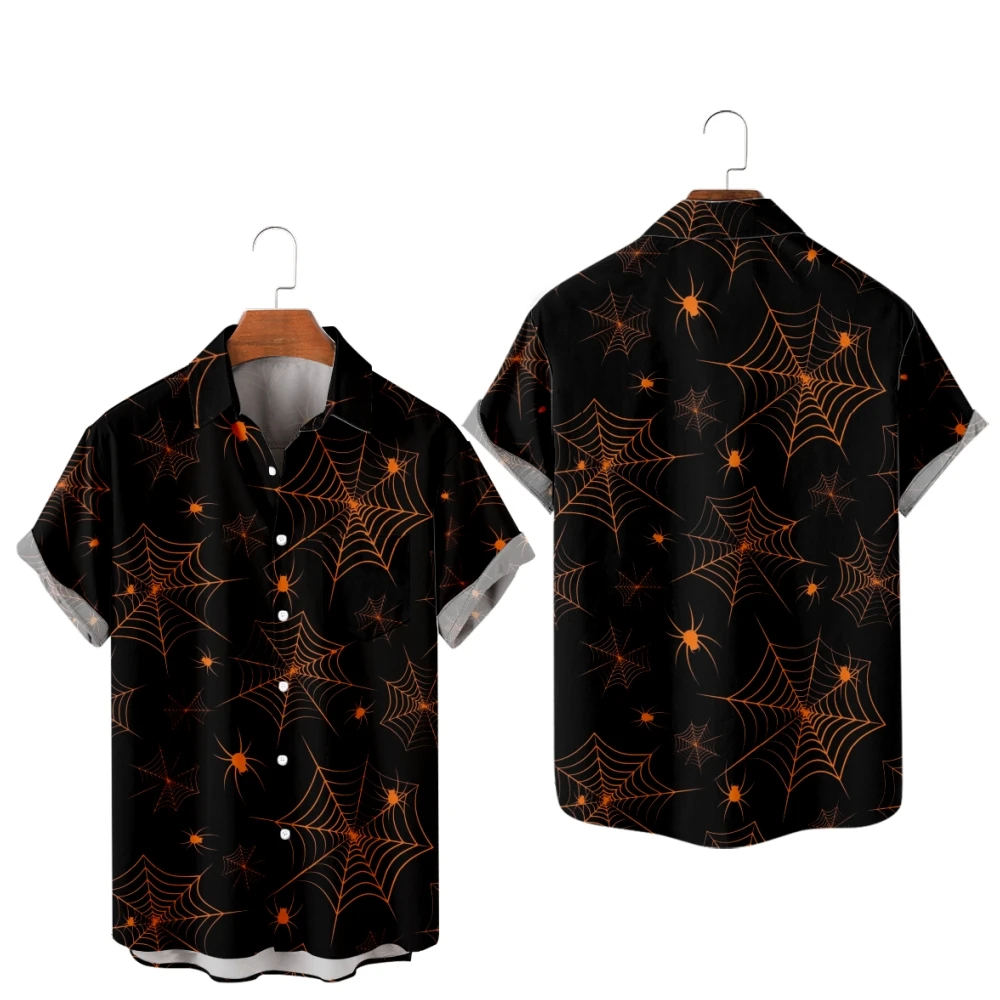 Casual Halloween Shirts for Men Bats Print Shirts Orange Short Sleeve Summer Beach Vacation Tops Breathable