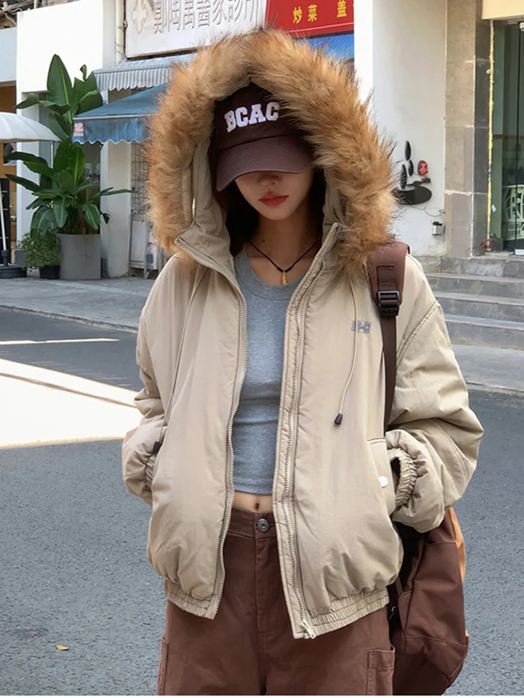 Winter Retro Fur Collar Hooded Jacket Women Y2K Streetwear Winter New Velvet Thickened Warm Harajuku Loose Casual Jacket