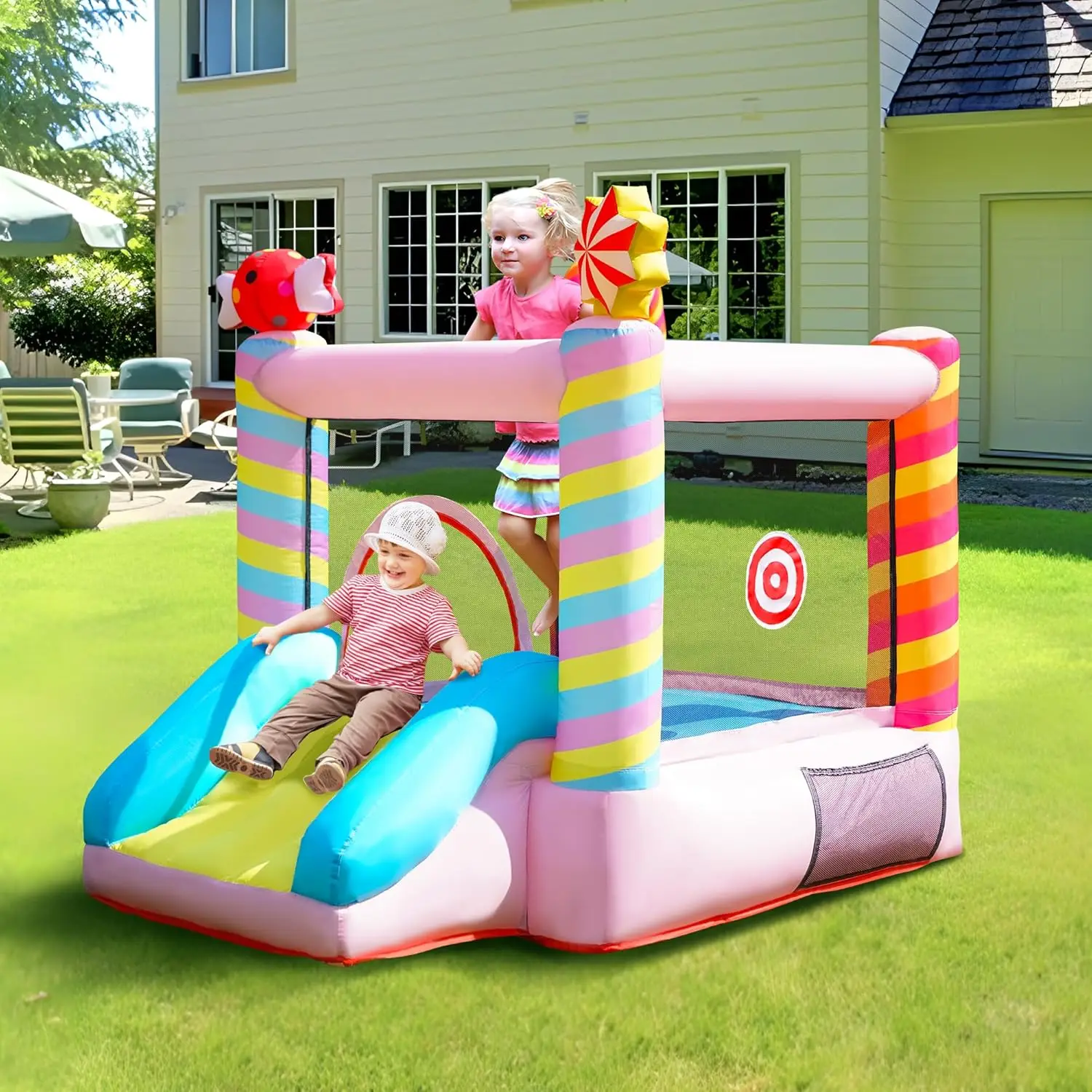 Casa de rebote - Casa de rebote inflable con tobogán para niños de 3 a 6 años, casa de rebote para niños con soplador, castillo inflable para patio familiar, Ju