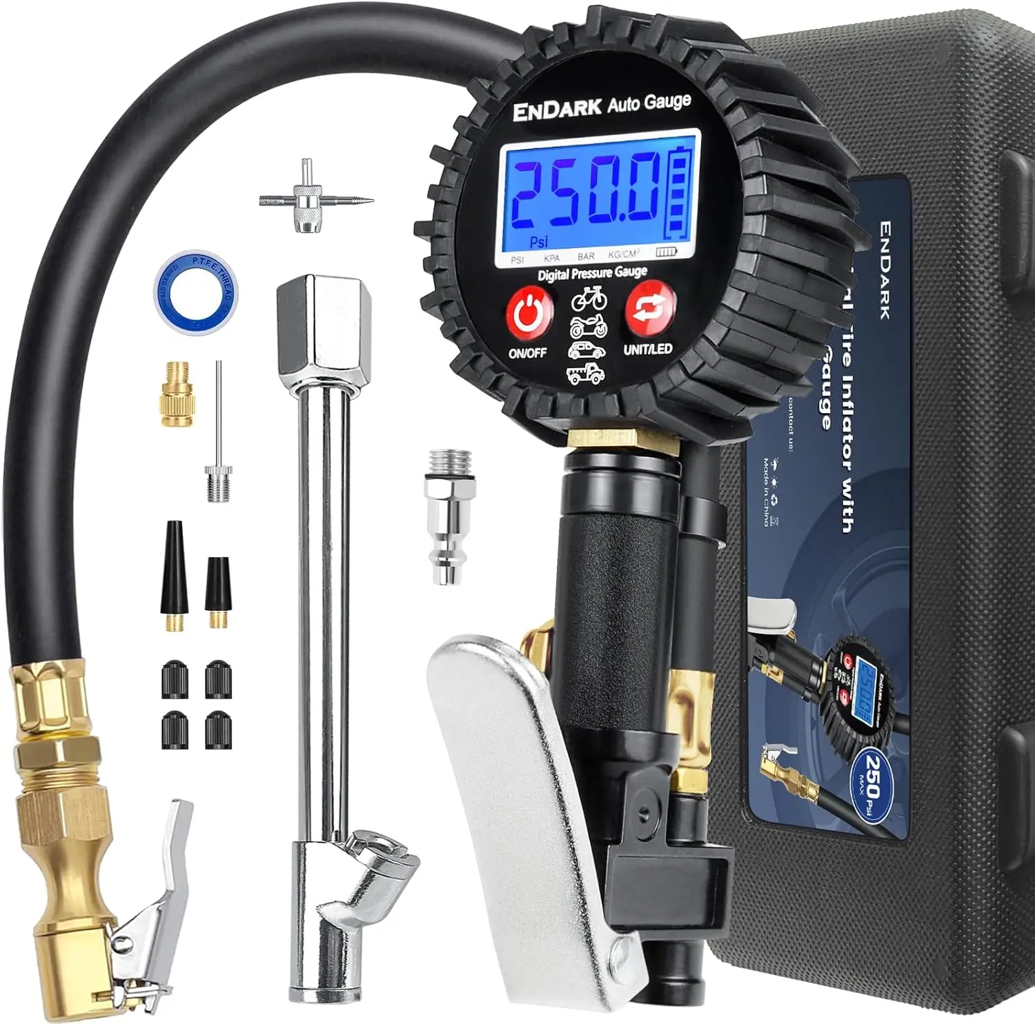 Digital Tire Pressure Gauge with Inflator: 250 PSI Air Compressor Attachment, Heavy Duty Chuck & Hose