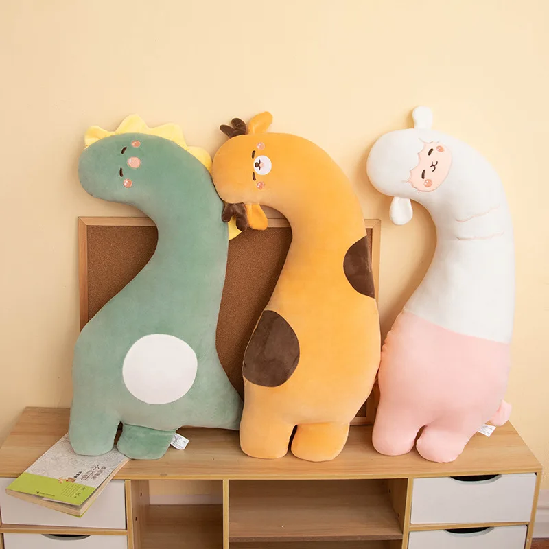 Cute Pink Alpaca Crooked Neck Pillow Green Dinosaur Stuffed Animal Bed with Legs Sandwiched Kawaii Giraffe Plush Toy Sofa Pillow