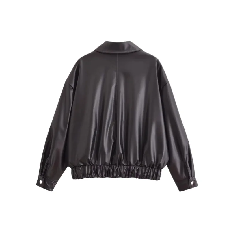 Top in pelle PU con vita retrò americana, stile casual sottile e allentato per l'autunno, nuovo capispalla alla moda da donna più facile