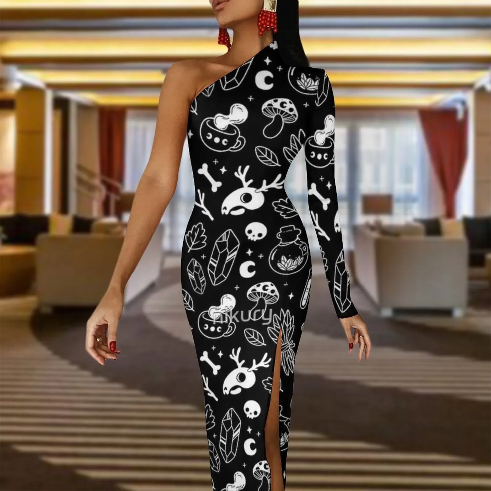 Witchy Ingredients Black And White Nikury Bodycon Dress Woman Halloween Elegant Maxi Dress One Shoulder Aesthetic Dresses Gift