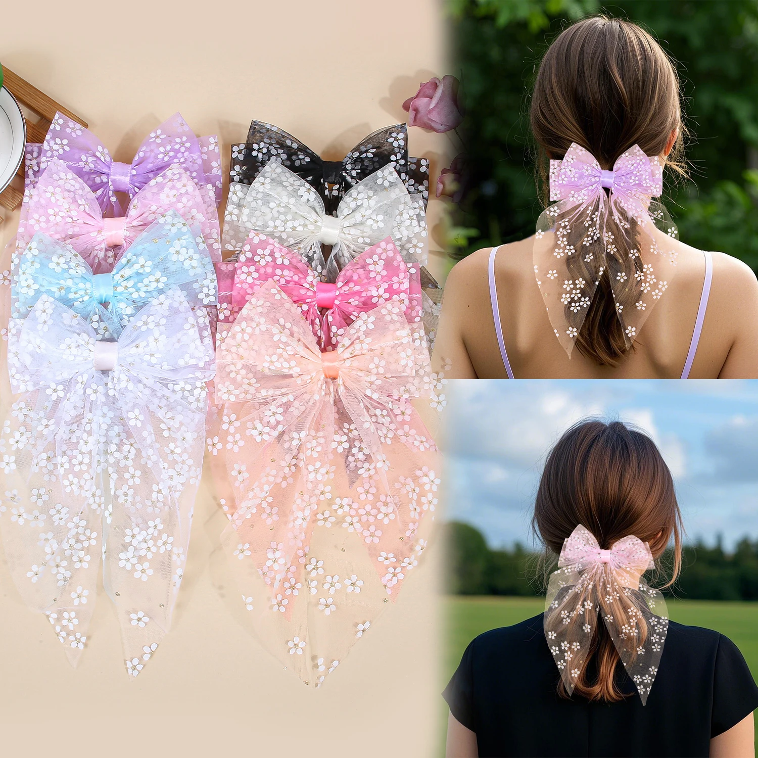 

4 шт., большой бант для волос с цветочной сеткой, заколка для волос для девочек, простые банты с принтом, заколка для волос, хвост, бант, заколка для волос, аксессуары для волос для девочек