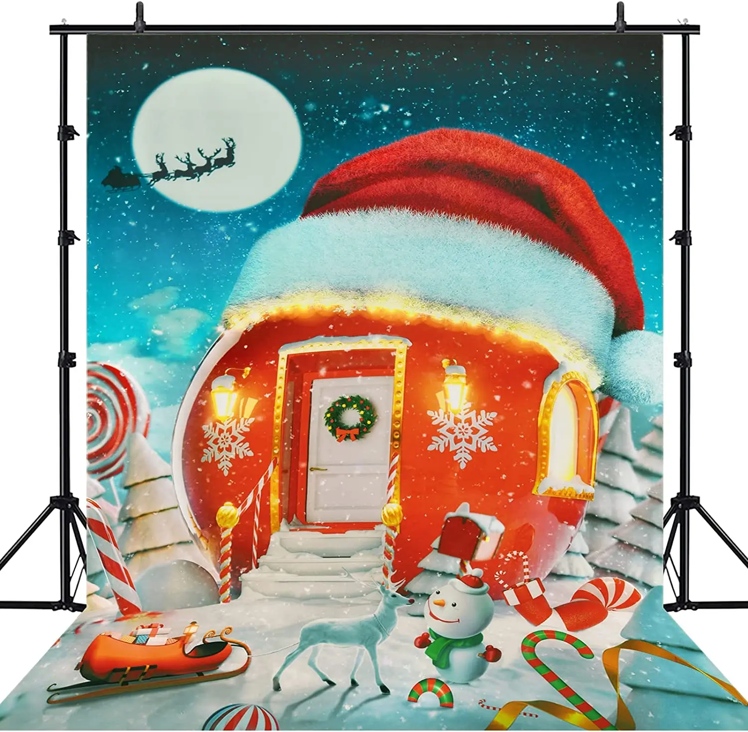 

Christmas Hat House Backdrop Candy Winter Snowman Photography Background Xmas Reindeer Fairy Tale Backdrops for Banner