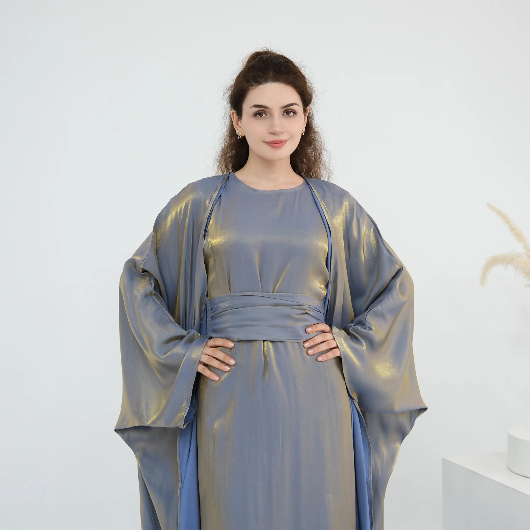 

2PCS Shiny Abaya Dubai Kaftan Women Muslim Sets Kimono Jalabiya Long Dress Kebaya Caftan Marocain Femme Robe Islam Clothing Gown