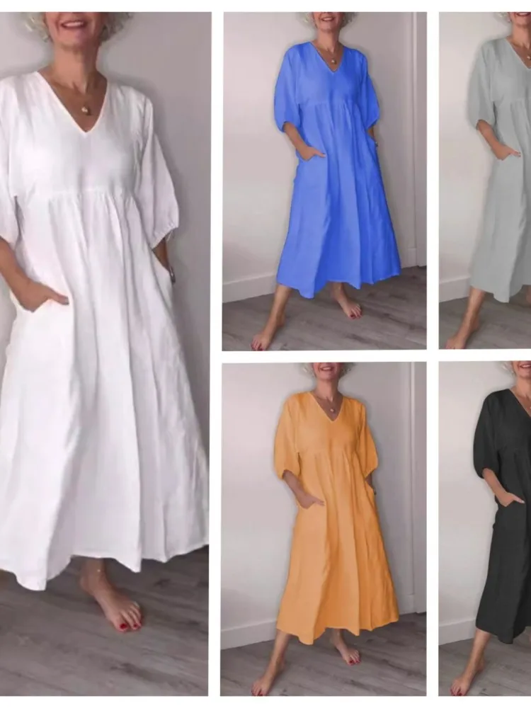 Casual Solid Simple Pleated Cotton Linen Dress Women Summer Trendy V Neck Pocket Long Dresses Autumn 3/4 Sleeve Loose Vestidos