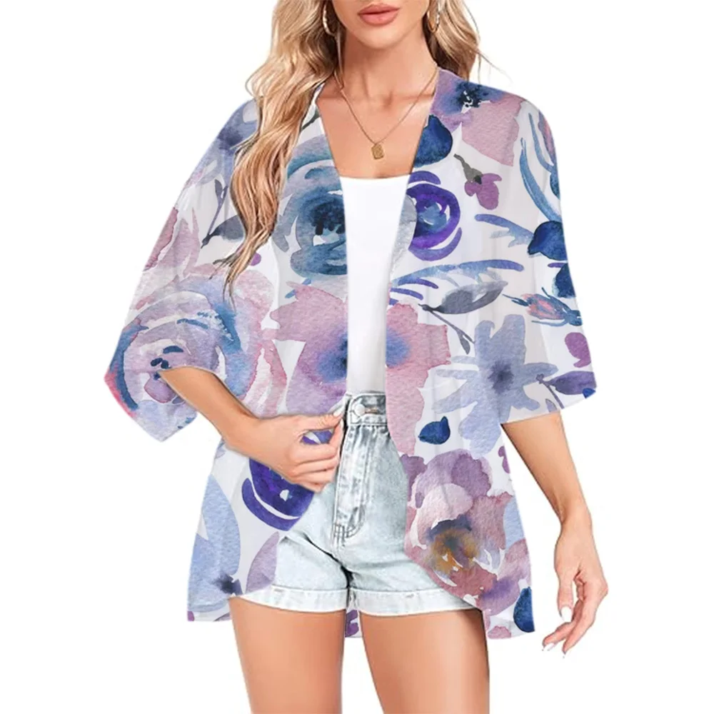 Cardigan en mousseline de soie à imprimé floral pour femmes, kimono de plage, haut de bikini, cover-up sexy, châle transparent, cardigan surdimensionné, été