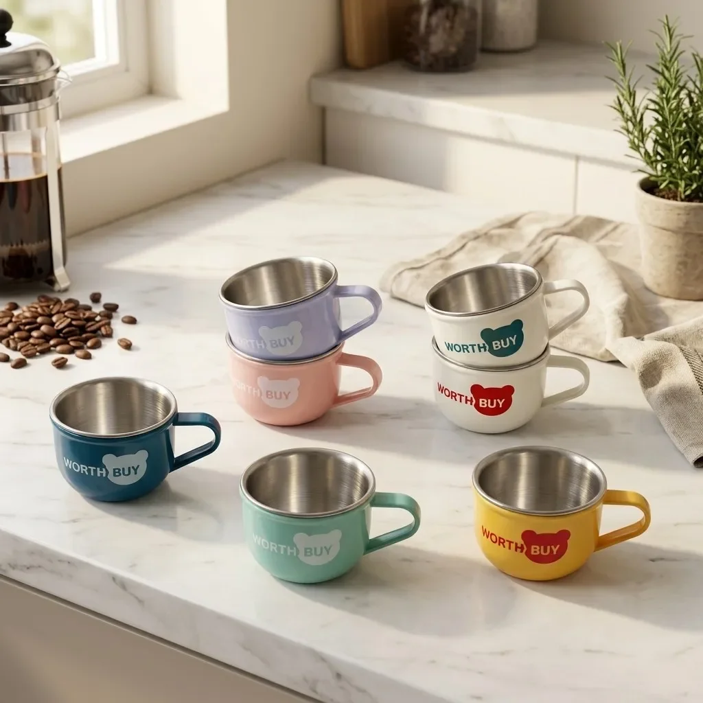 Kawaii 304 Stainless Steel Coffee Mug Double Wall Anti-scald Plastic Milk Tea Cup With Handle Unbreakable Portable Kids Mugs