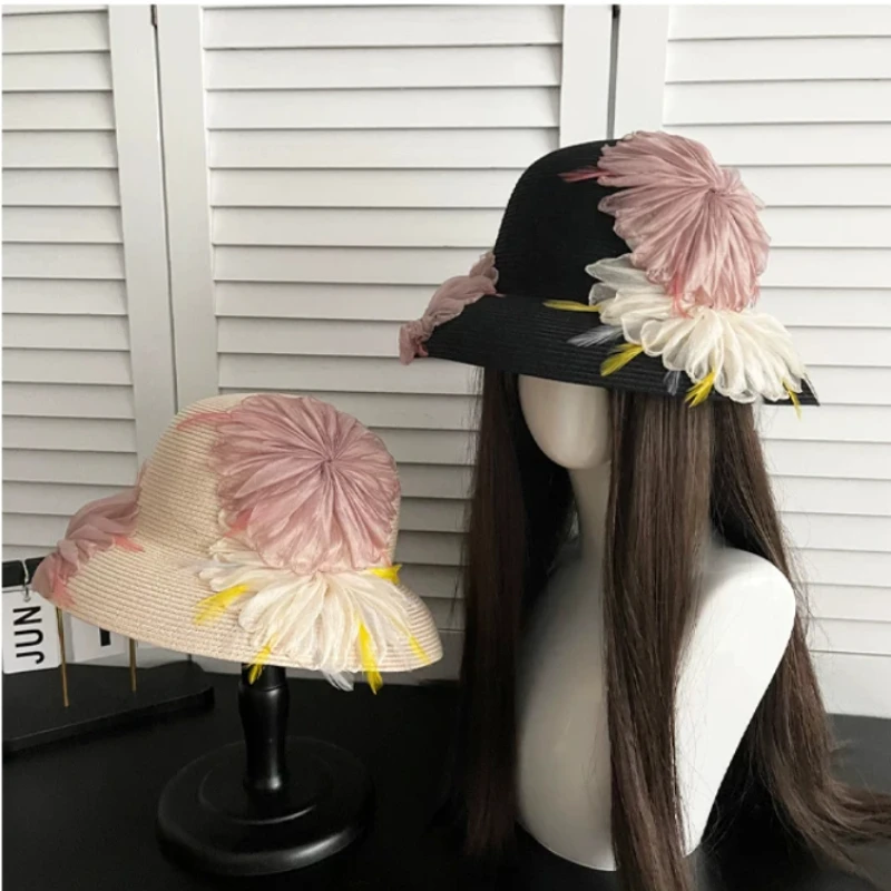 

Japanese Elegant Fashion Mesh Floral Straw Hat Summer Vacation Wide-brim Sunshade Top Cap Women's Beach Straw Woven Sun Hats