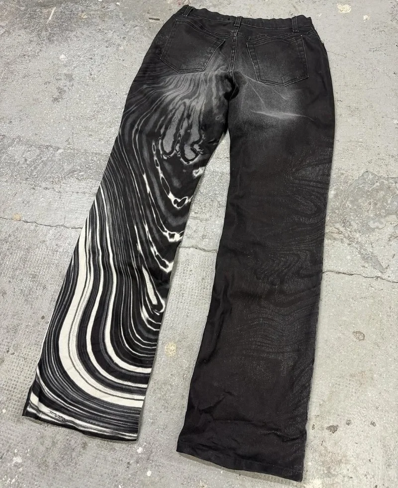 

2025 Harajuku hip-hop rock high waist wash wide-leg pants men y2k goth retro zebra stripe print fashion oversized jeans women