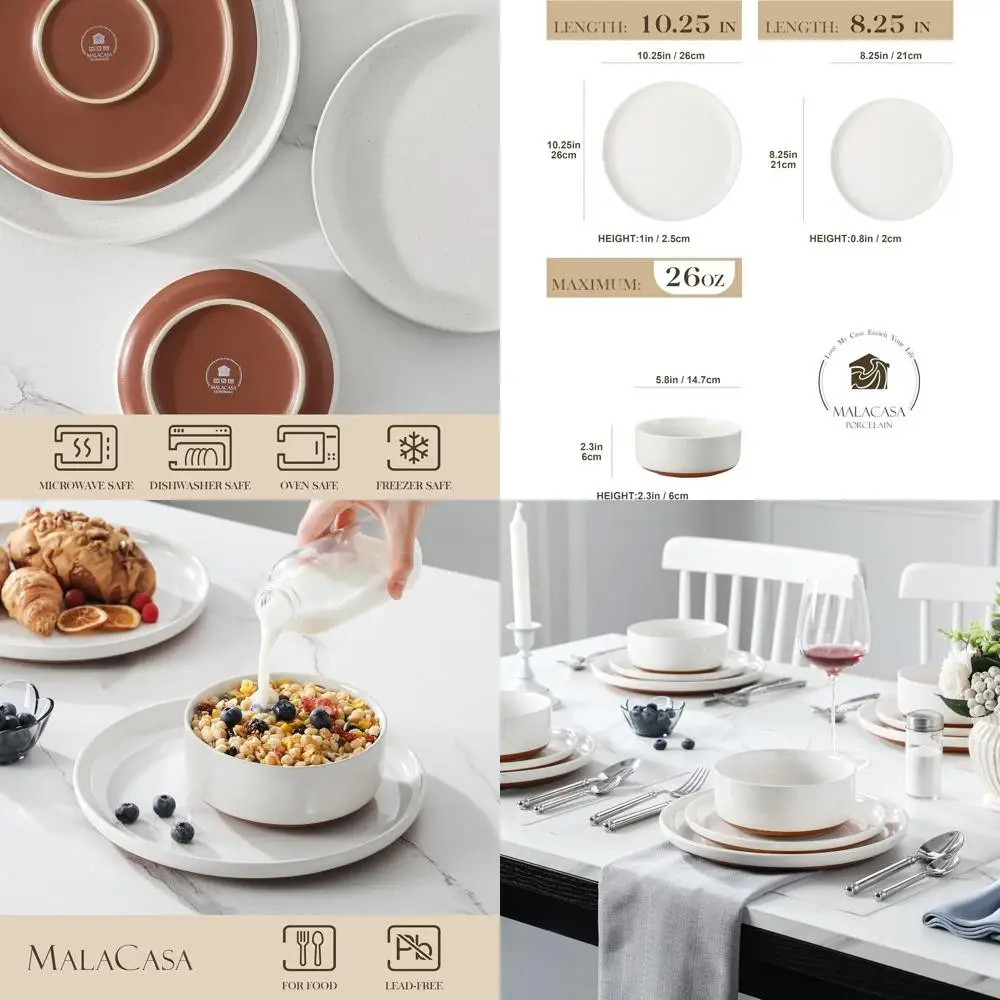 Modern Stoneware 12-Piece Dinnerware Set, Microwave & Dishwasher Safe, White TARA Series for 4