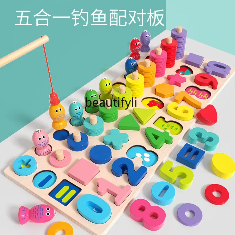 Baby educational toys wooden fishing, early childhood board baby children digital shape building block pairing