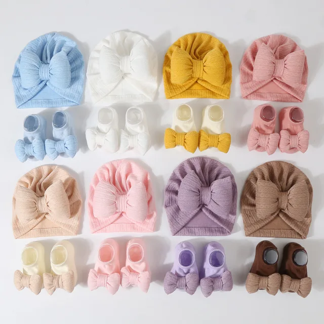 3Pcs Baby Girls Bow Cap Socks Set Baby Accessories Newborn Elastic Cotton Filled Turban Hat Short Tube Sock Infant Indian Caps