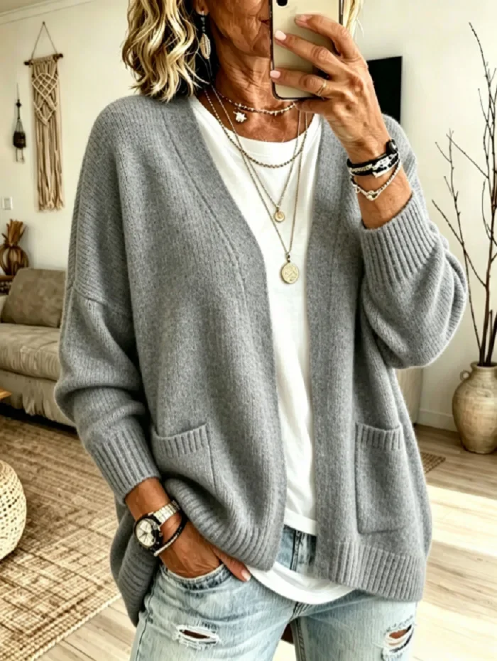 Women Loose Open Front Knit Cardigan Long Sleeve V Neck Pocket Sweater Solid Knitwear Ladies Fall Winter Casual Daily Outerwear