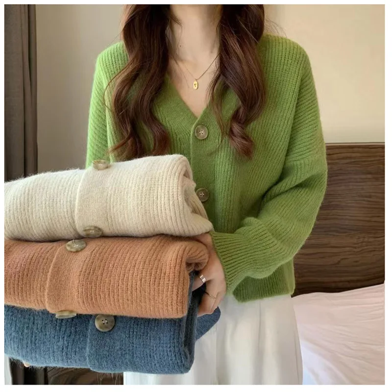 Fashion New Worsted Spring And Autumn Women Cardigan V- Neck Knitwear Solid Color Fashion High-grade Knitwear