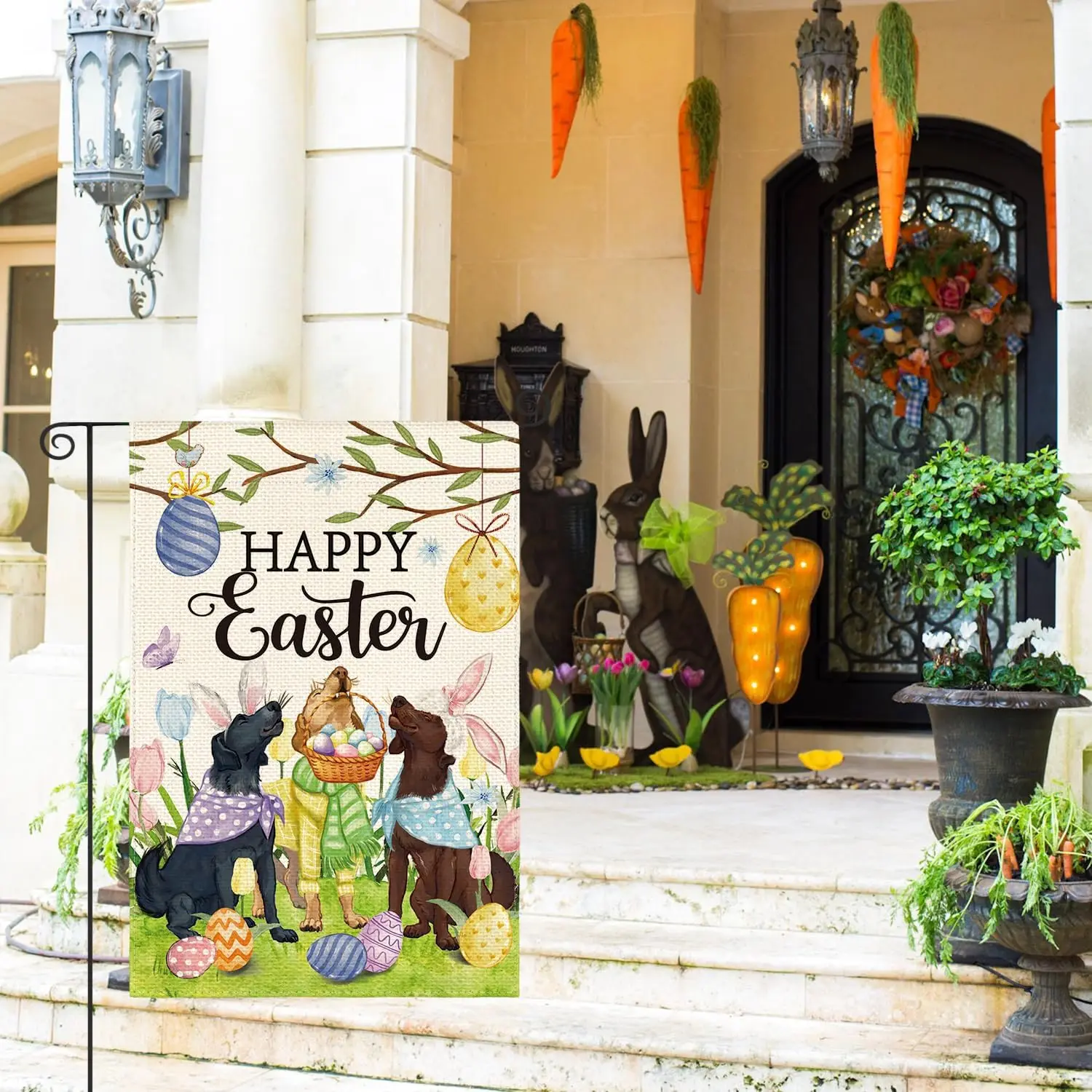 AVOIN colorlife Happy Easter Garden Flag 12x18 Inch Double Sided Outside, Easter Eggs Dogs Welcome Yard Outdoor Decoration