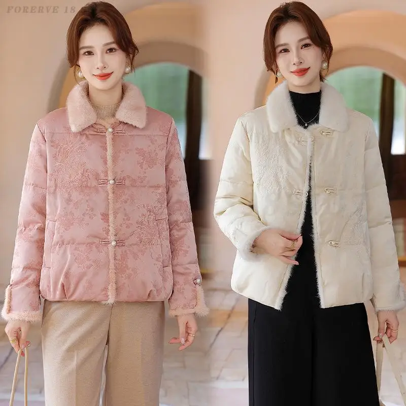 

Зимнее пальто в китайском стиле 2025 года, женская тонкая куртка на хлопковой подкладке, толстое теплое винтажное жаккардовое пальто, элегантная традиционная верхняя одежда