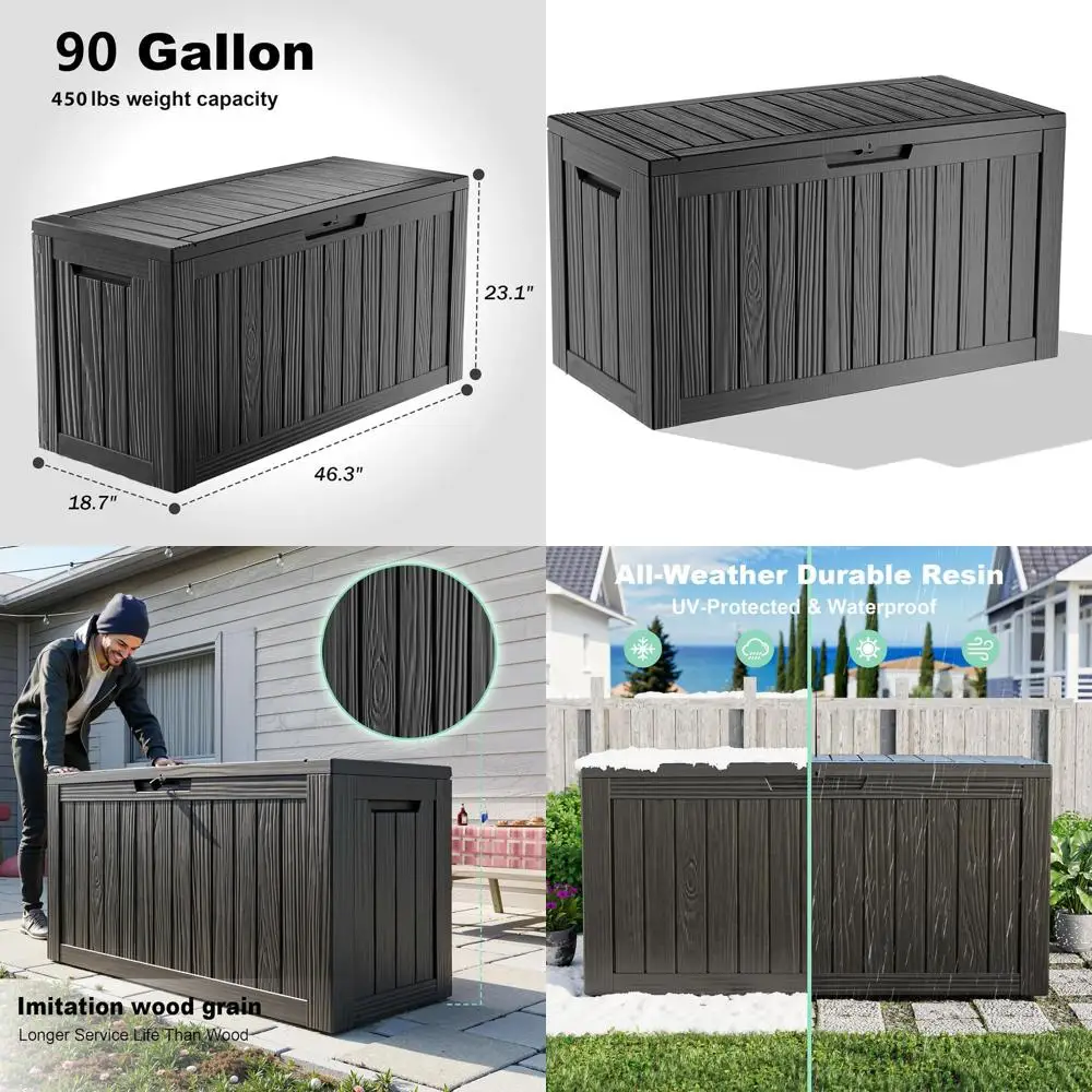 90-Gallon Resin Deck Storage Box with Lock, Waterproof Outdoor Patio Furniture and Garden Tool Box, Black