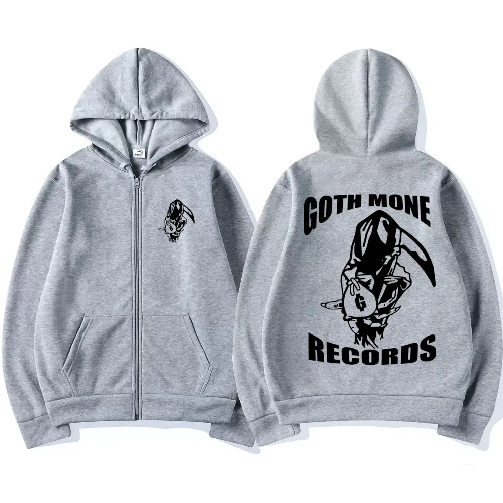 Goth Money Records Skull Graphic Zipper Hoodie Men Vintage Rock Gothic Zipper Sweatshirt Male Hip Hop Oversized  Zip Up Jacket