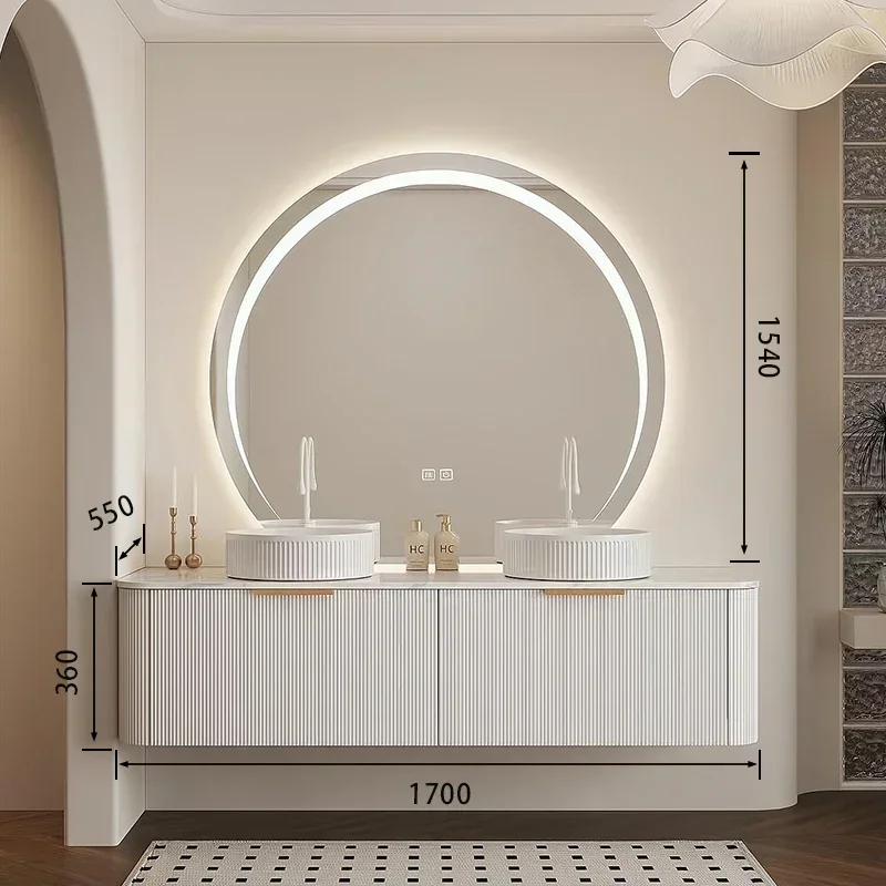 French cream style milky white rock slab table basin oak combination bathroom double basin wash table advanced sense