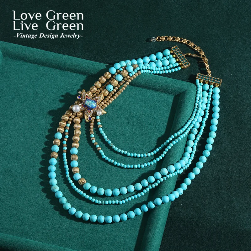 

Vintage Turquoise Jewelry Necklace Gold Color Starfish Layered Natural Stone Chain For Woman Designer Summer Beach Accessories