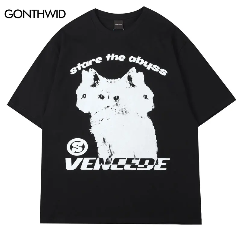 Men Hip Hop T-Shirt Y2K Streetwear Cat Print Punk Gothic Tshirt Harajuku Casual Loose Cotton Tee Shirts Summer Short Sleeve Tops