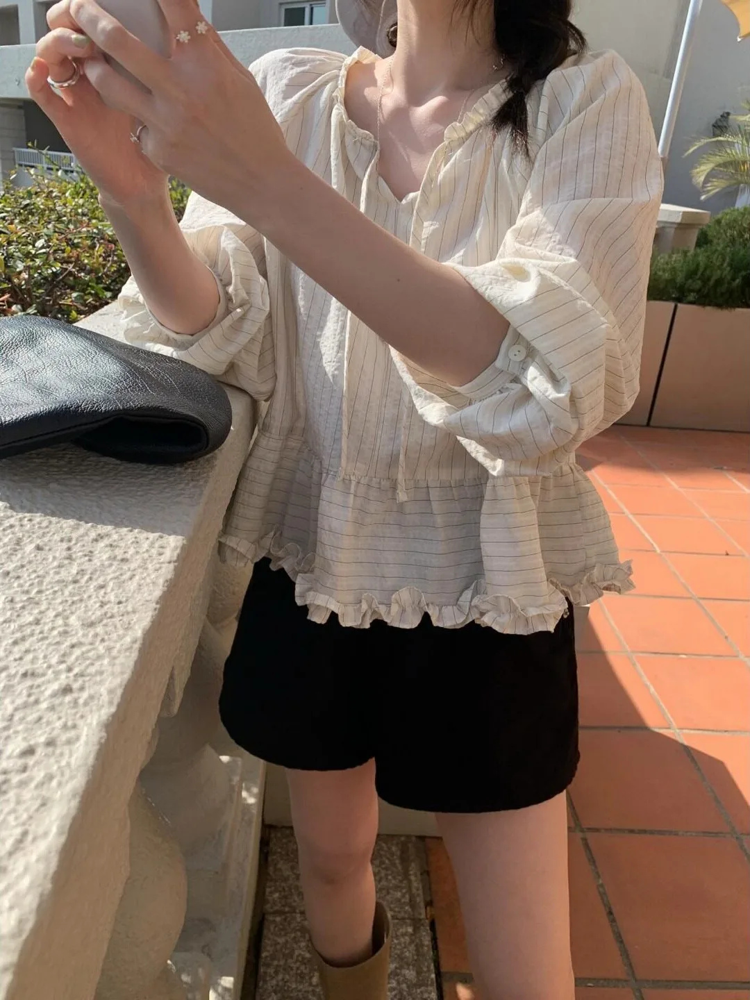 Chic Autumnal Slimming Long Sleeve Striped Shirt Women's Fashionable Bow Waist Cinched Flounce Hem Korean Style Top