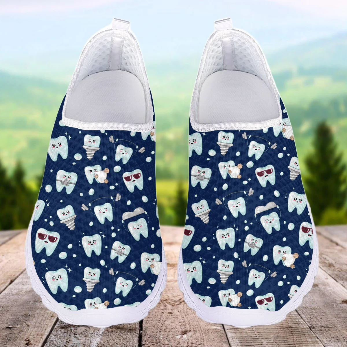 INSTANTARTS Cute Teeth Pattern Women Flats Shoes Air Mesh Brethable Summer Slip On Sneakers Nursing Shoes for Girl Zapatos mujer