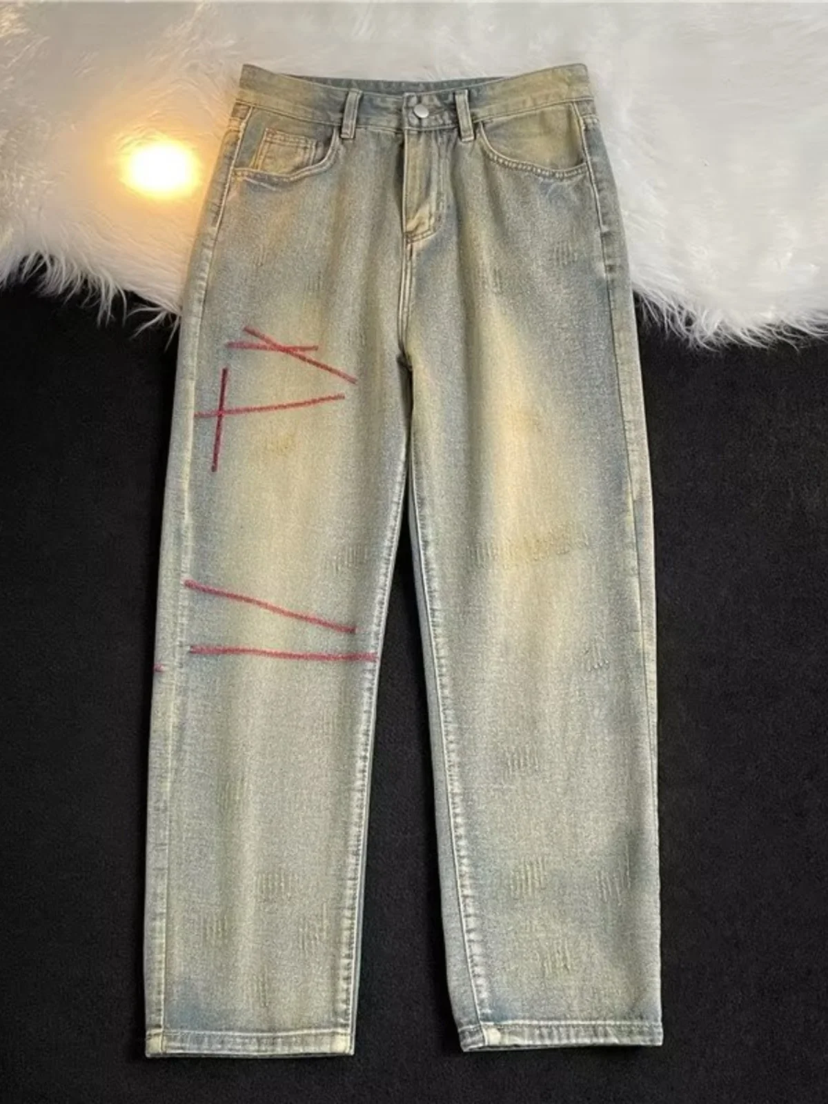 

Модные мужские джинсы в стиле High Street, осенне-весенние, прямые, широкие, универсальные, длинные брюки, повседневные, в стиле ретро, дизайнерская новинка