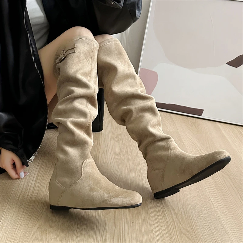 

Long Boots Autumn New Round Toe Sleeve Suede Soft Sole Non-slip Inside Heightening Low Heel Shoes
