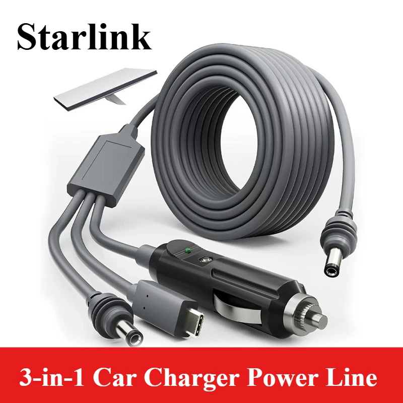 Starlink Mini Power Cable 3-in-1 Car Charger Line Waterproof Barrel Jack USB-C to DC Power Cord Cigarette Lighter Adapter Wire