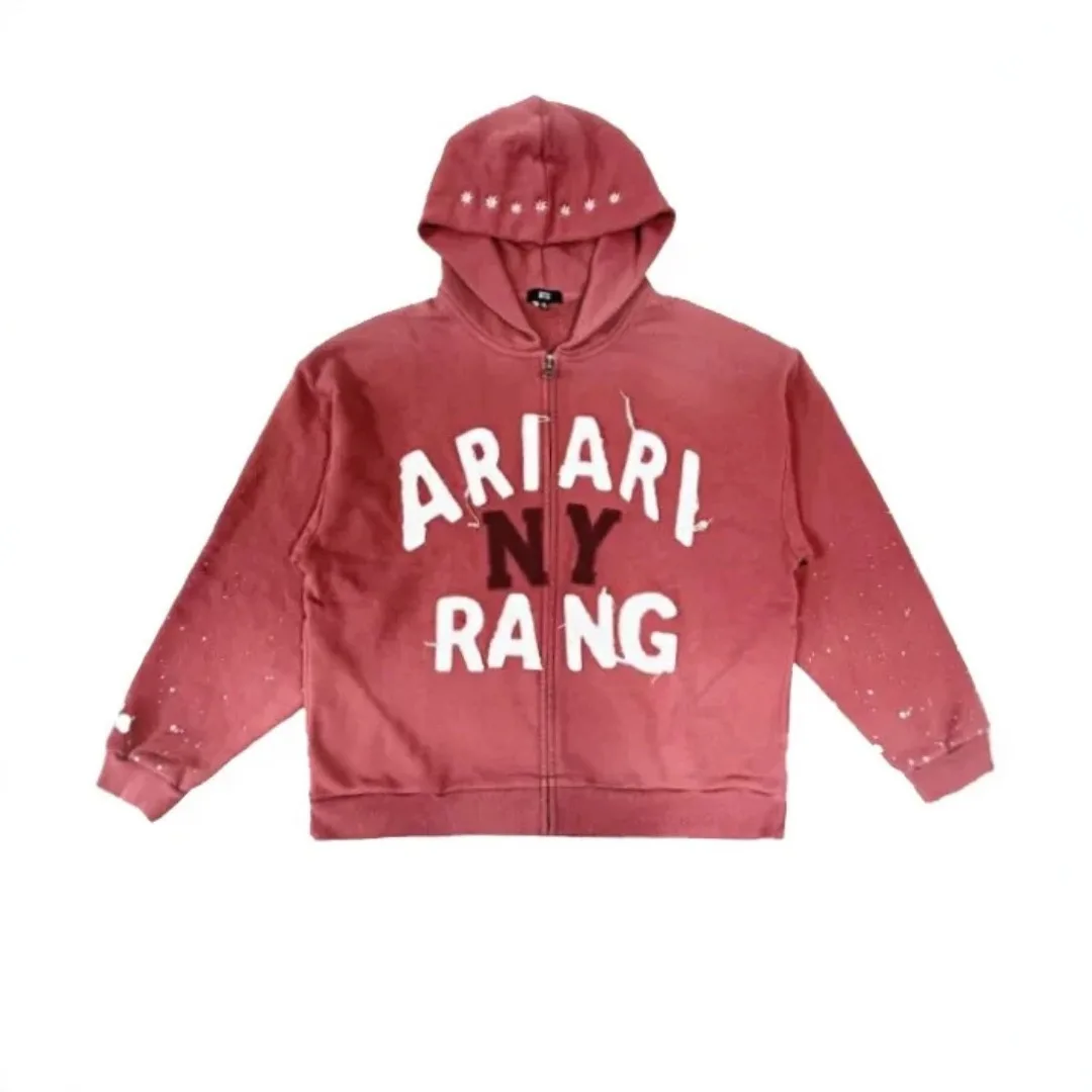 Arirang Washed Red Zip Up Cropped High Quality Hoodie Raw Cut Patch Number Decoration Loose Casual Street Style Fans Jacket