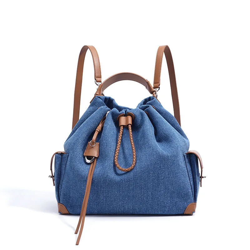 

Luxury Designer Women's Blue Denim Spliced Genuine Leather Backpack 2025 Commuting Leisure Large-capacity Travel Drawstring Bag